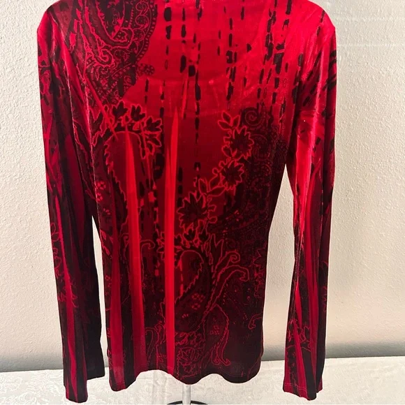 Carole Little Vibrant Red Patterned Vintage Holiday Y2K Velvet Beaded Blouse Top - Picture 2 of 7